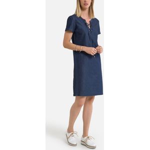 Rechte jurk, halflang, korte mouwen ANNE WEYBURN. Katoen materiaal. Maten 48 FR - 46 EU. Blauw kleur