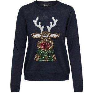 Kersttrui, pailletten motief ONLY. Polyester materiaal. Maten S. Blauw kleur