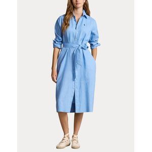 Hemdjurk met knielengte, strikceintuur, in denim POLO RALPH LAUREN. Linnen materiaal. Maten 38 FR - 36 EU. Blauw kleur