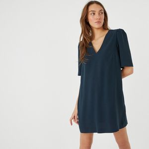Rechte korte jurk met V-hals LA REDOUTE COLLECTIONS. Polyester materiaal. Maten 48 FR - 46 EU. Blauw kleur