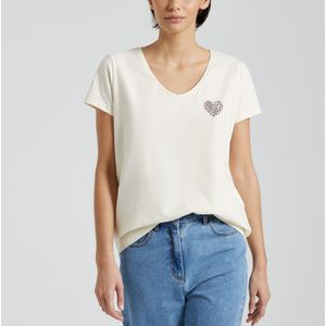 T-shirt met V-hals en motief vooraan PIECES. Katoen materiaal. Maten XS. Wit kleur