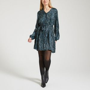 Bedrukte jurk, satijnen effect VILA. Polyester materiaal. Maten 34 FR - 32 EU. Blauw kleur