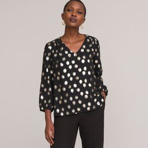 Glanzende blouse met V-hals, 3/4 mouwen ANNE WEYBURN. Polyester materiaal. Maten 40 FR - 38 EU. Goudkleur kleur