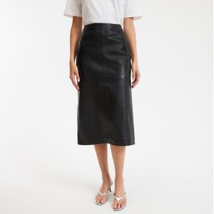 Schapenleren kokerrok, midi lengte LA REDOUTE COLLECTIONS. Leer materiaal. Maten 34 FR - 32 EU. Zwart kleur