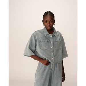 Oversized kort denim overhemd POMONA GRACE & MILA. Denim materiaal. Maten 1(S). Blauw kleur