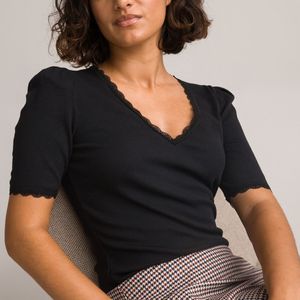 T-shirt met V-hals en korte mouwen LA REDOUTE COLLECTIONS. Modal materiaal. Maten M. Zwart kleur
