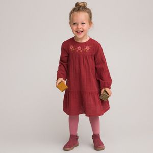 Geborduurde jurk met lange mouwen, in tetra LA REDOUTE COLLECTIONS. Katoen materiaal. Maten 1 jaar - 74 cm. Rood kleur