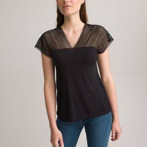 T-shirt met V-hals, korte mouwen, detail in kant ANNE WEYBURN. Viscose materiaal. Maten 38/40 FR - 36/38 EU. Zwart kleur
