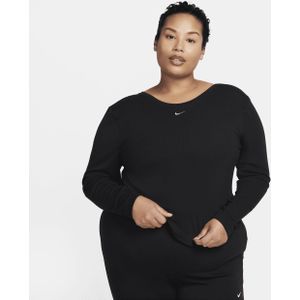 Nike Sportswear Chill Knit aansluitende top met mini-rib, lange mouwen en een diep uitgesneden rug voor dames (Plus Size) - Zwart