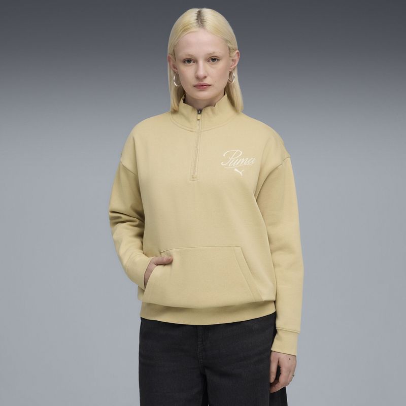 PUMA - Essentials Script - Relaxte Sweater - Beige - Hoge Hals - Halve Rits