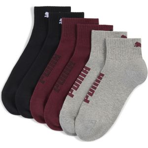 PUMA Uniseks quartersokken (set van 3), Zwart/Rood, Maat 35-38