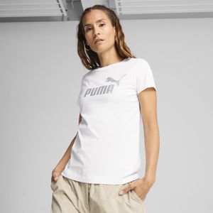 PUMA ESS Metallic No. 1 Logo T-shirt voor Dames, Wit/Zilver, Maat S
