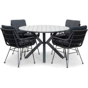 LUX outdoor living Cervo Grey/Carlos charcoal (donkergrijs/antractiet) dining tuinset 5-delig | polywood  wicker | 120cm rond
