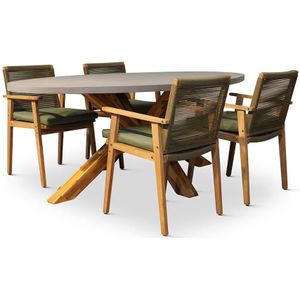 BUITEN living Livorno/Bergen groen dining tuinset 5-delig | betonlook  hardhout | ovaal | 200x110cm