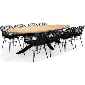 LUX outdoor living Cleve/Napels dining tuinset 9-delig | teakhout + wicker | 280cm ovaal