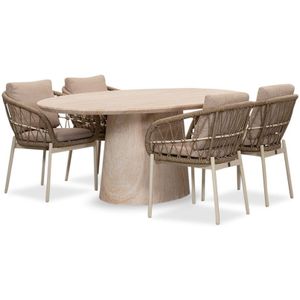 BUITEN living Max/Dakota beige/wit dining tuinset 5-delig | travertin + touw | 200cm ovaal
