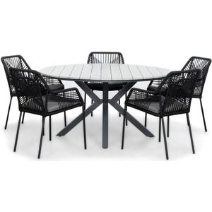 LUX outdoor living Cervo Grey/Seville zwart dining tuinset 6-delig | polywood  touw | 144cm rond