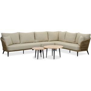 BUITEN living Palermo lounge hoekbank tuin met tussenmodule & teak tafels 6 personen | aluminium + touw | Sahara Dust | 7-delig - 230x294cm
