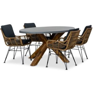 BUITEN living Livorno/Carlos antraciet dining tuinset 5-delig | betonlook + wicker | 200cm ovaal