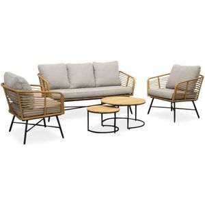 BUITEN living Flow stoel-bank loungeset 5-delig | wicker  aluminium | Natural Teak tafels | bamboe taupe