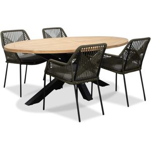 LUX outdoor living Cleve/Seville olijfgroen dining tuinset 5-delig | teakhout + touw | 200cm ovaal