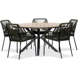 LUX outdoor living Cervo Natural/Seville olijfgroen dining tuinset 6-delig | polywood + touw | 144cm rond