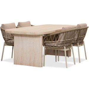 BUITEN living Mees/Dakota beige/wit dining tuinset | 4 personen | travertin + touw | 200cm