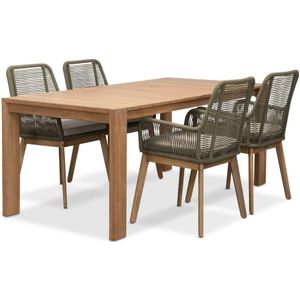 BUITEN living Oakland/Padua olijfgroen dining tuinset 5-delig | teakhout  touw | 180cm