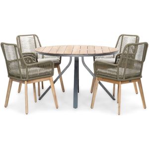 LUX outdoor living Dublin/Padua olijfgroen dining tuinset 5-delig | teakhout  touw | 120cm rond