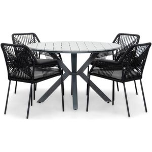 LUX outdoor living Cervo Grey/Seville zwart dining tuinset 5-delig | polywood  touw | 120cm rond