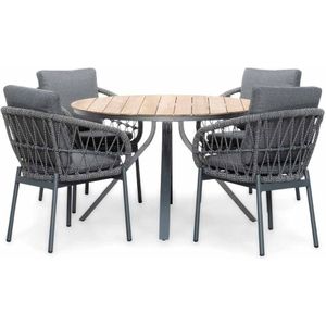 LUX outdoor living Dublin/Dakota zwart dining tuinset 5-delig | teakhout  touw | 120cm rond