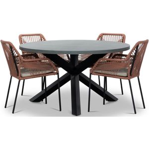 BUITEN living Meran/Seville terra dining tuinset 5-delig | betonlook  touw | 135cm rond