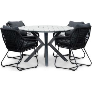LUX outdoor living Cervo Grey/Portofino zwart dining tuinset | 4 personen | polywood + touw | 120cm rond