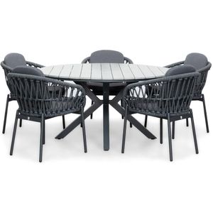 LUX outdoor living Cervo Grey/Bari Dark Grey dining tuinset 6-delig | polywood  touw | 144cm rond