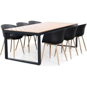 BUITEN living Kampa Natural/Rikki hout zwart dining tuinset 7-delig | polywood  kunststof | 210cm