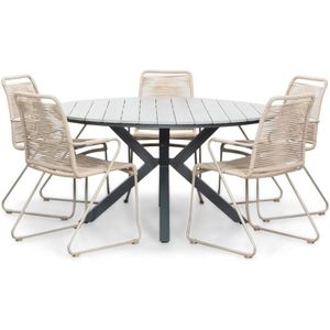 LUX outdoor living Cervo Grey/Gladys zand dining tuinset 6-delig | polywood  touw | 144cm rond