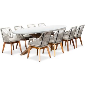 BUITEN living Livorno/Seville hout zand dining tuinset 9-delig | betonlook + touw | 280cm ovaal