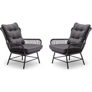 BUITEN living Dex loungestoel tuin set van 2 | wicker + aluminium | charcoal (donkergrijs/antractiet)