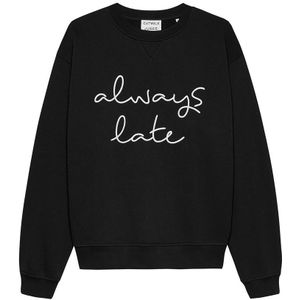 dames O-hals sweater graphic always late zwart