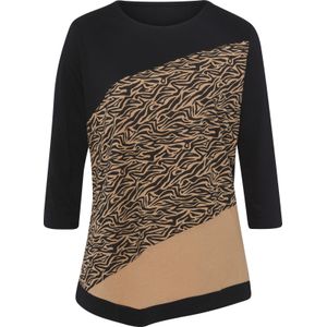 Dames Shirt met 3/4-mouw in zwart/camel bedrukt