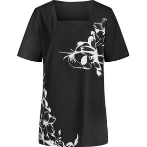 Longshirt - Zwart/Wit - 100% Katoen - Gebloemd Gedessineerd