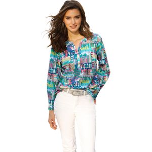 Dames Blouse met lange mouwen in wit/turquoise bedrukt