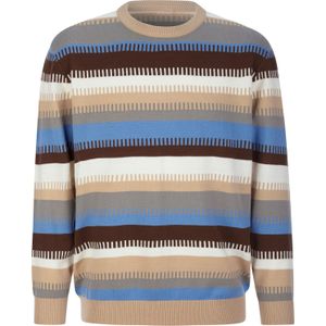 Heren Pullover met ronde hals in ecru/middelblauw gestreept