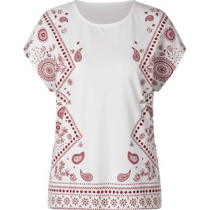 Dames Shirt met ronde hals in ecru/donkerrood bedrukt