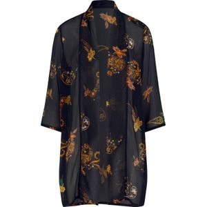 Dames Longline blouse in zwart/oker bedrukt