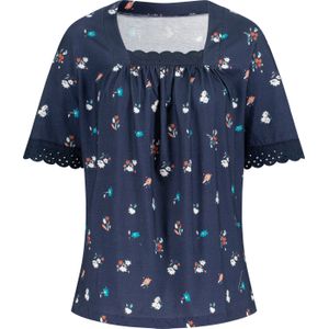 Dames Shirt met korte mouwen in donkerblauw/flamingo geprint