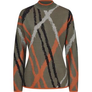 Classic Basics - Trui - Kaki/Oranje gedessineerd - Met Staande Kraag