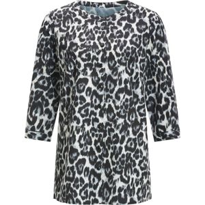 Dames Longline blouse in lichtgrijs/zwart bedrukt