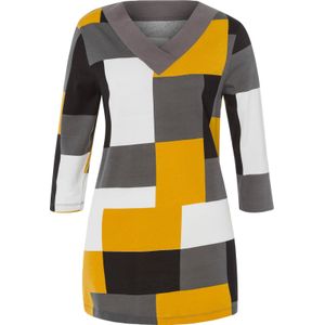 Zwart/Oker Gedessineerd Longshirt - 100% Katoen - V-hals - 3/4-mouwen