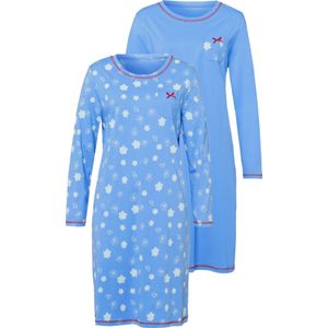 Dames Nachthemden - Hemelsblauw - Set van 2 - Bloemetjesprint en Effen